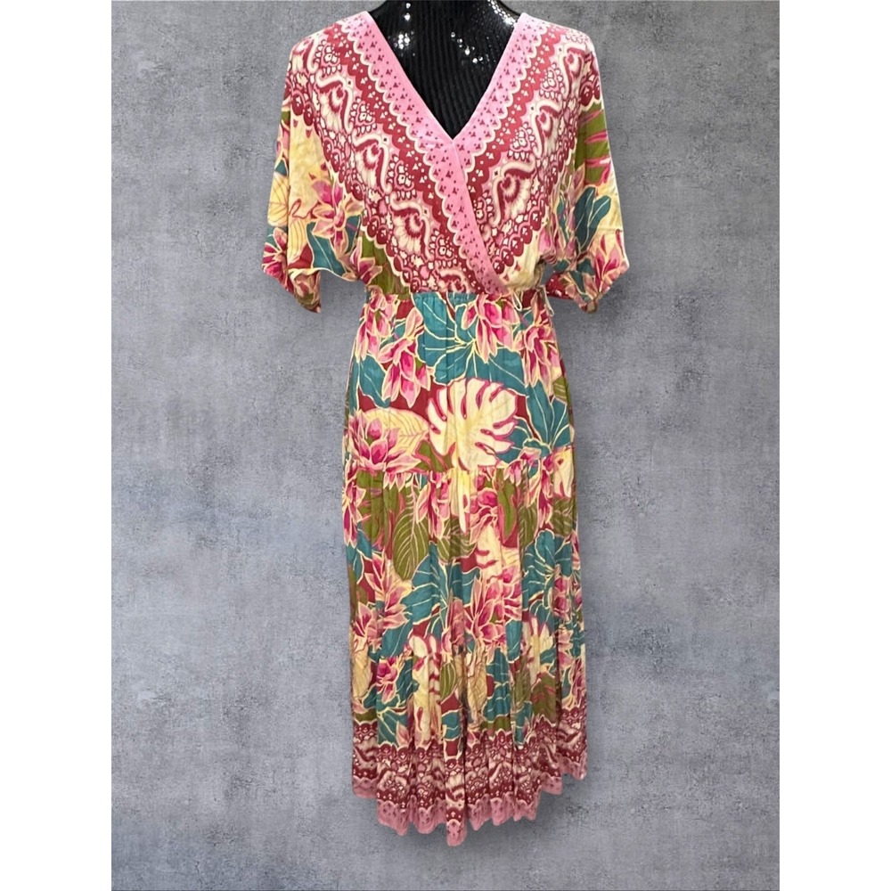 Fig &Flower Anthropologie Floral Midi Dress Womens Small Pink Boho Tiered V-Neck